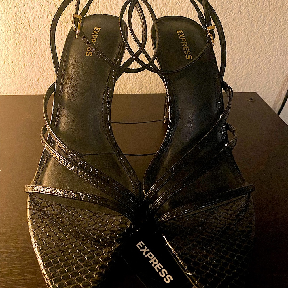 Strappy Black Snakeskin Stilettos